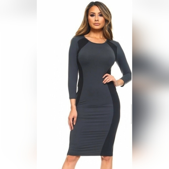 Yelete Dresses & Skirts - Yelete Charcoal & Black Long Sleeve Bodycon Dress